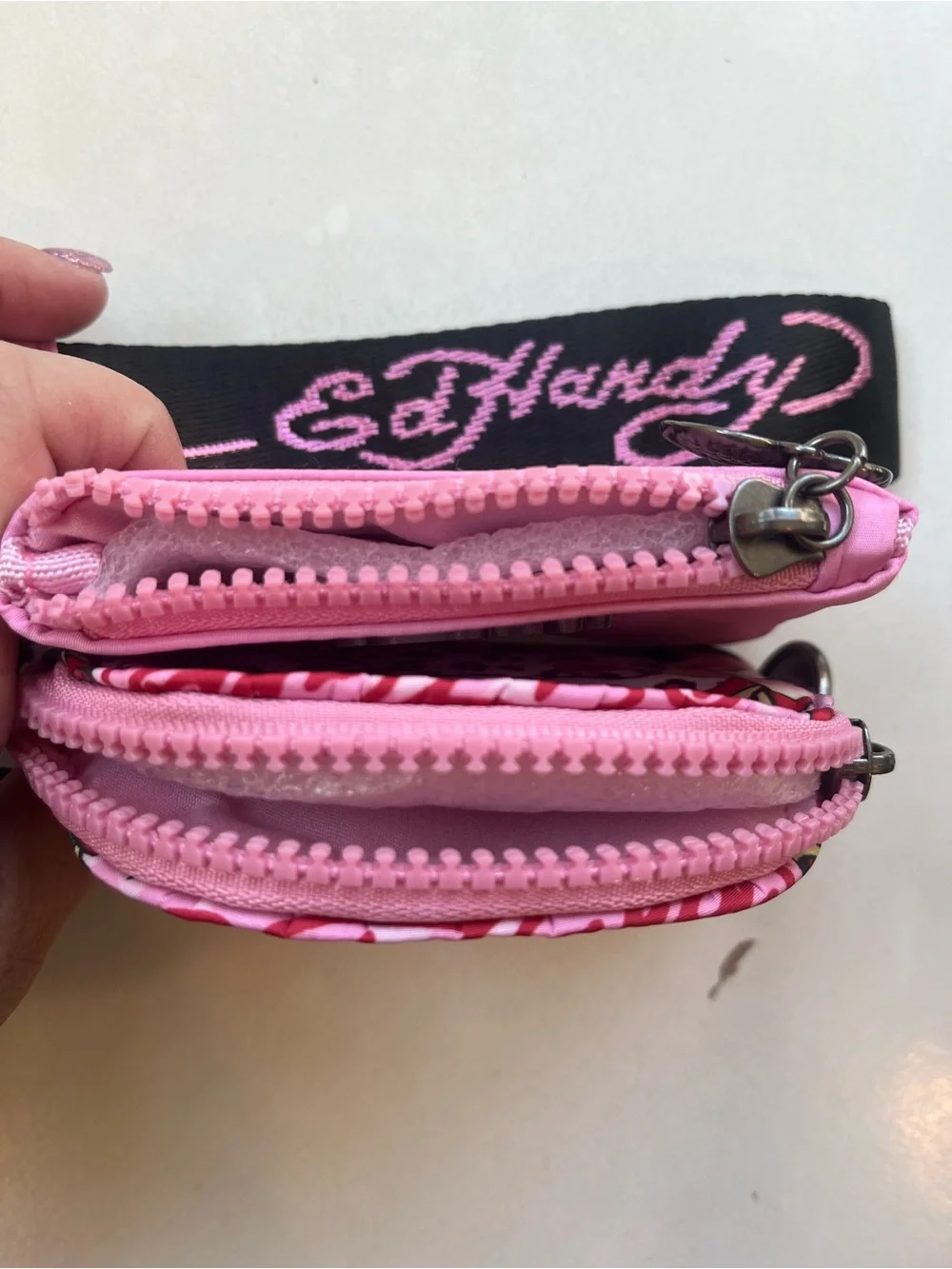 Ed Hardy Pink Wristlet Keychain Coin/Card Pouch Set